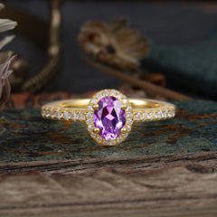 1 Carat Oval Cut Amethyst Halo Ring with Pave Band
