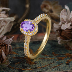 1 Carat Oval Cut Amethyst Halo Ring with Pave Band