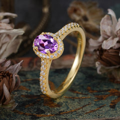 1 Carat Oval Cut Amethyst Halo Ring with Pave Band