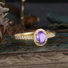 1 Carat Oval Cut Amethyst Halo Ring with Pave Band