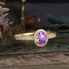 1 Carat Oval Cut Amethyst Halo Ring with Pave Band