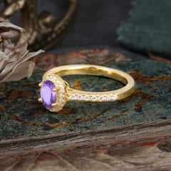 1 Carat Oval Cut Amethyst Halo Ring with Pave Band