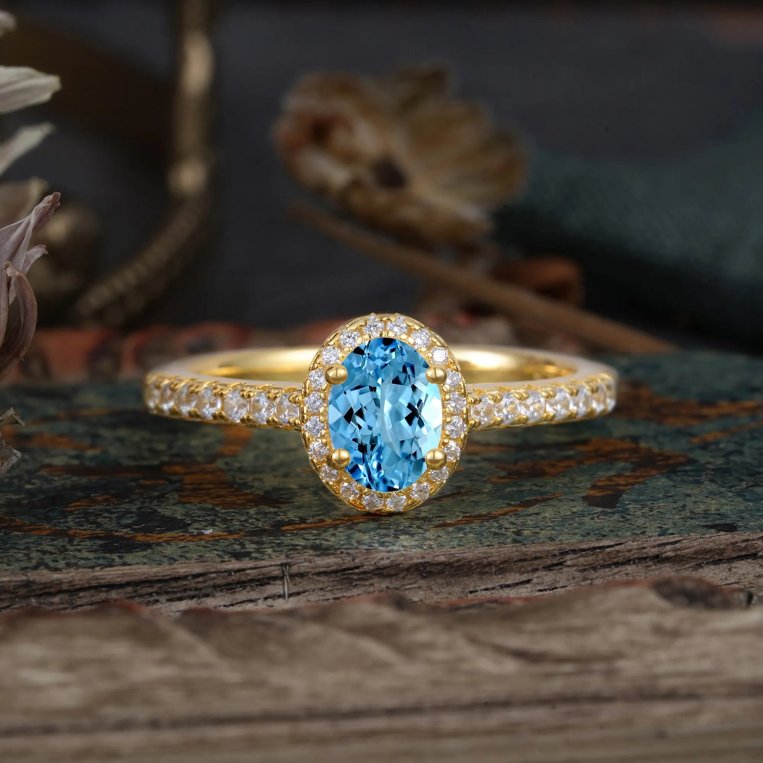 1 Carat Oval Cut Aquamarine Halo Engagement Ring with Pave Band