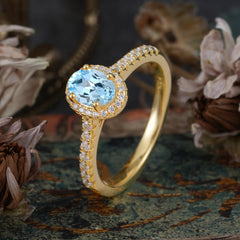1 Carat Oval Cut Aquamarine Halo Ring with Pave Band