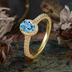 1 Carat Oval Cut Aquamarine Halo Ring with Pave Band