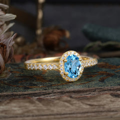 1 Carat Oval Cut Aquamarine Halo Ring with Pave Band