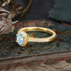 1 Carat Oval Cut Aquamarine Halo Ring with Pave Band