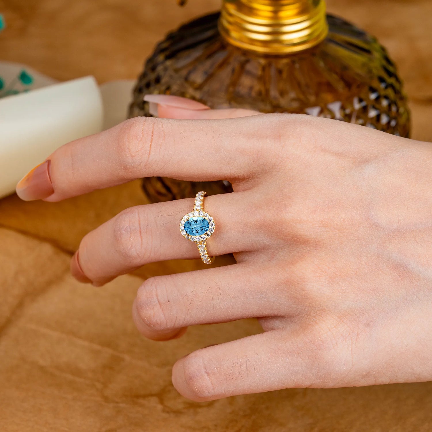 1 Carat Oval Cut Aquamarine Halo Engagement Ring with Pave Band