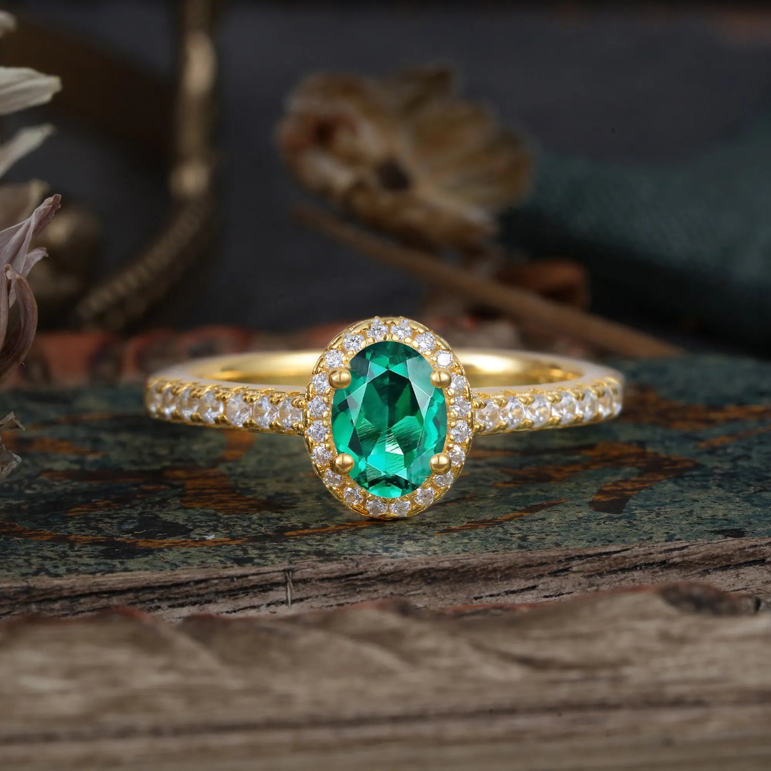 1 Carat Oval Cut Emerald Halo Engagement Ring with Pave Band