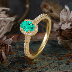 1 Carat Oval Cut Emerald Halo Ring with Pave Band