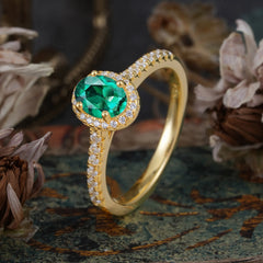1 Carat Oval Cut Emerald Halo Ring with Pave Band