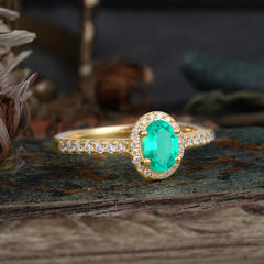 1 Carat Oval Cut Emerald Halo Ring with Pave Band
