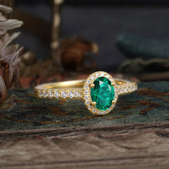 1 Carat Oval Cut Emerald Halo Ring with Pave Band