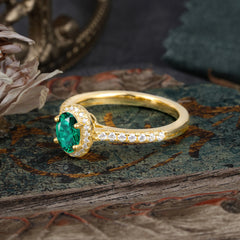 1 Carat Oval Cut Emerald Halo Ring with Pave Band