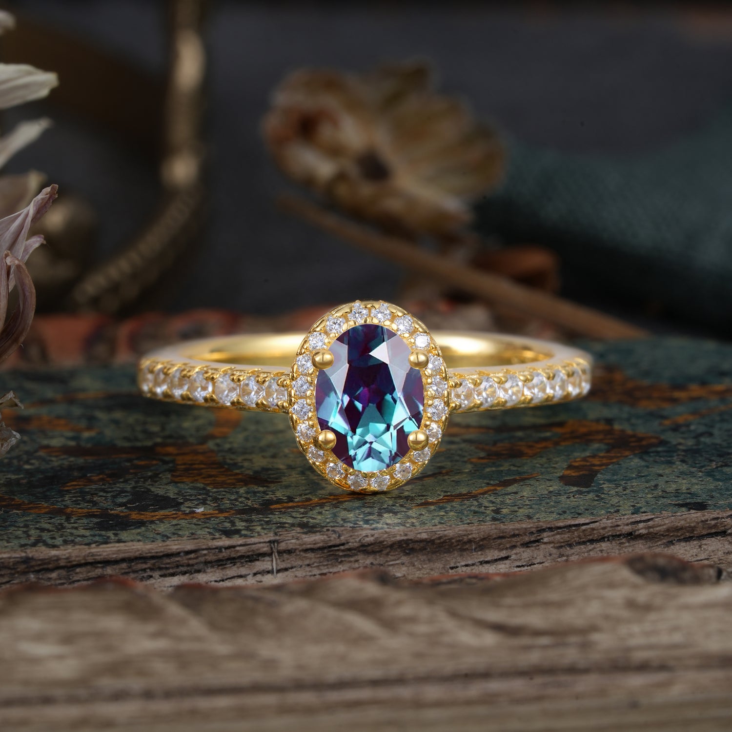 1 Carat Oval Cut Alexandrite Halo Engagement Ring with Pave Band