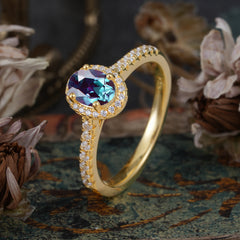 1 Carat Oval Cut Alexandrite Halo Ring with Pave Band