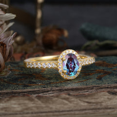 1 Carat Oval Cut Alexandrite Halo Ring with Pave Band