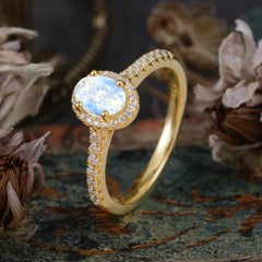 1 Carat Oval Cut Moonstone Halo Ring with Pave Band