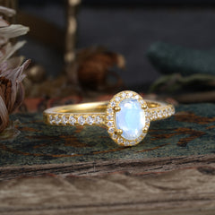 1 Carat Oval Cut Moonstone Halo Ring with Pave Band
