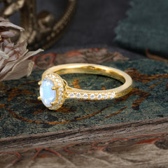 1 Carat Oval Cut Moonstone Halo Ring with Pave Band