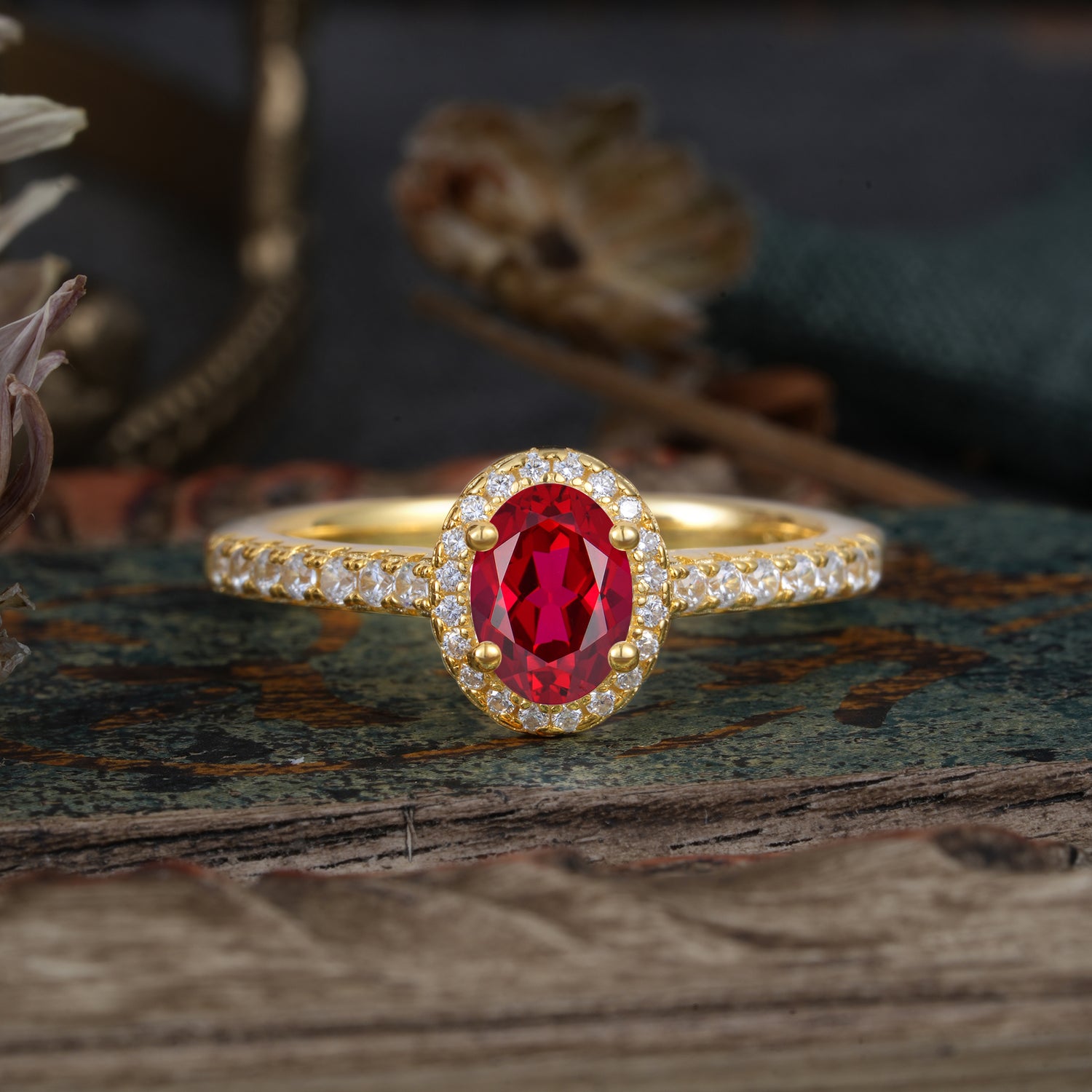 1 Carat Oval Cut Ruby Halo Engagement Ring with Pave Band