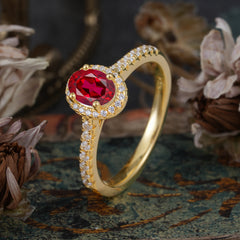 1 Carat Oval Cut Ruby Halo Ring with Pave Band