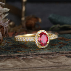 1 Carat Oval Cut Ruby Halo Ring with Pave Band
