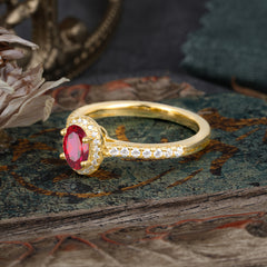 1 Carat Oval Cut Ruby Halo Ring with Pave Band