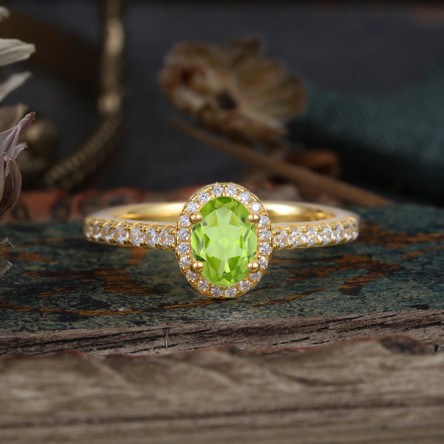 1 Carat Oval Cut Peridot Halo Engagement Ring with Pave Band