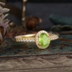 1 Carat Oval Cut Peridot Halo Ring with Pave Band