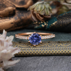 1 Carat Round Cut 6-Prong Tanzanite Wedding Ring Pave Milgrain Engagement Ring