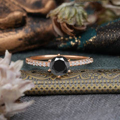 1 Carat Round Cut 6-Prong Black Onyx Wedding Ring Pave Milgrain Engagement Ring