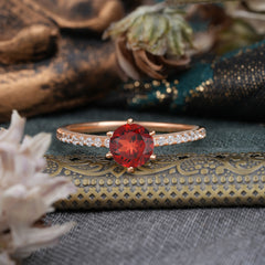1 Carat Round Cut Garnet Wedding Ring Pave Milgrain Engagement Ring