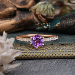1 Carat Round Cut 6-Prong Amethyst Wedding Ring Pave Milgrain Engagement Ring