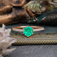 1 Carat Round Cut 6-Prong Emerald Wedding Ring Pave Milgrain Engagement Ring
