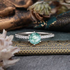 1 Carat Round Cut Moss Agate Wedding Ring Pave Milgrain Engagement Ring
