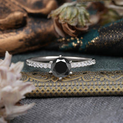 1 Carat Round Cut 6-Prong Black Onyx Wedding Ring Pave Milgrain Engagement Ring