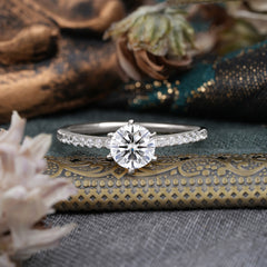 1 Carat Round Cut 6-Prong Lab Diamond Wedding Ring Pave Milgrain Engagement Ring