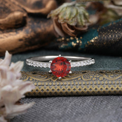1 Carat Round Cut Garnet Wedding Ring Pave Milgrain Engagement Ring