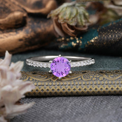1 Carat Round Cut 6-Prong Amethyst Wedding Ring Pave Milgrain Engagement Ring
