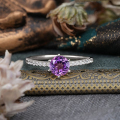 1 Carat Round Cut 6-Prong Amethyst Wedding Ring Pave Milgrain Engagement Ring