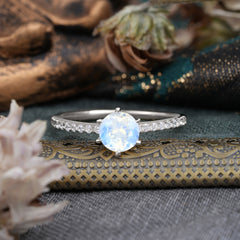 1 Carat Round Cut 6-Prong Moonstone Wedding Ring Pave Milgrain Engagement Ring