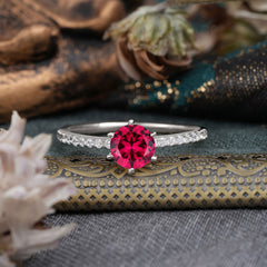 1 Carat Round Cut Ruby Wedding Ring Pave Milgrain Engagement Ring