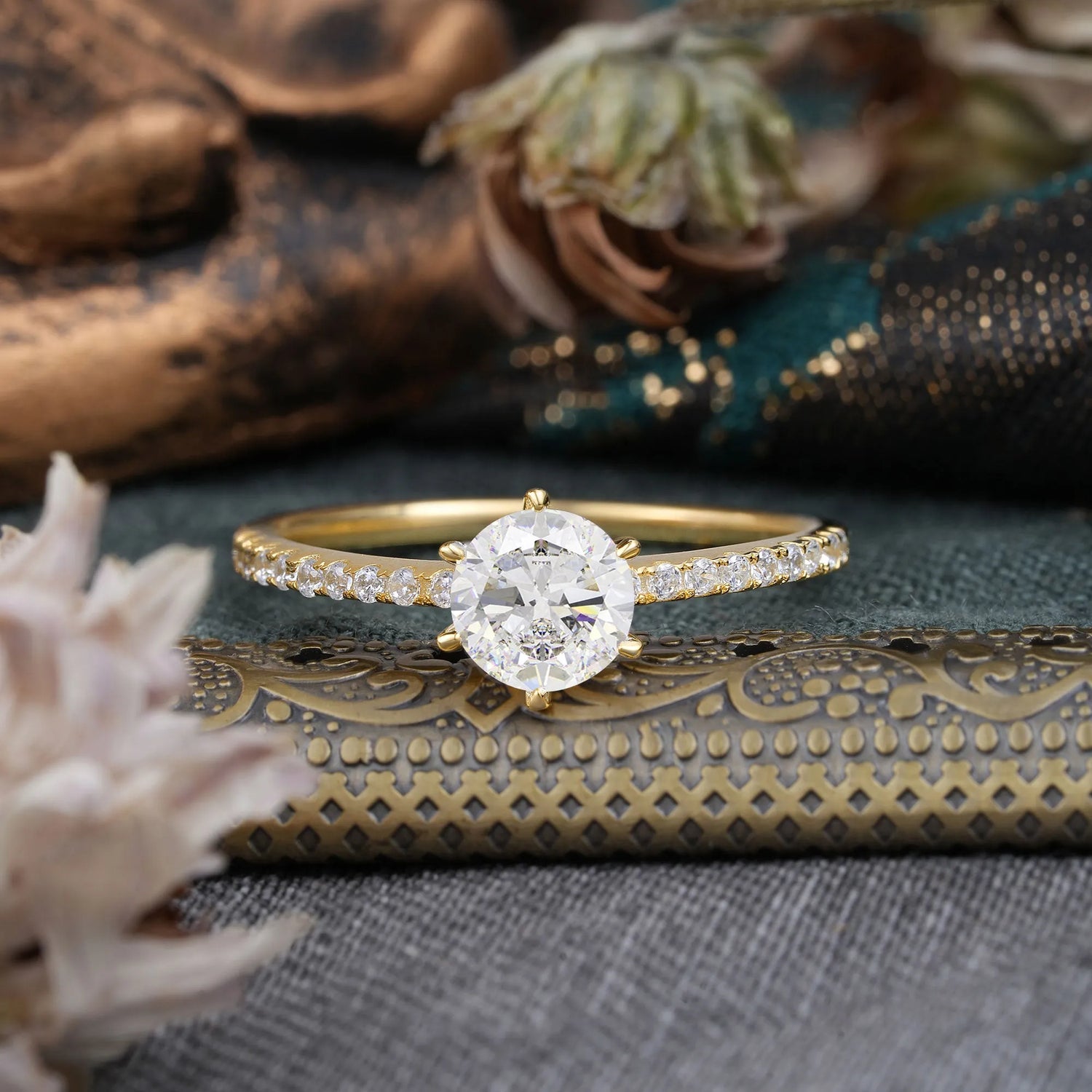1 Carat Round Cut Moissanite Pave Milgrain Engagement Ring