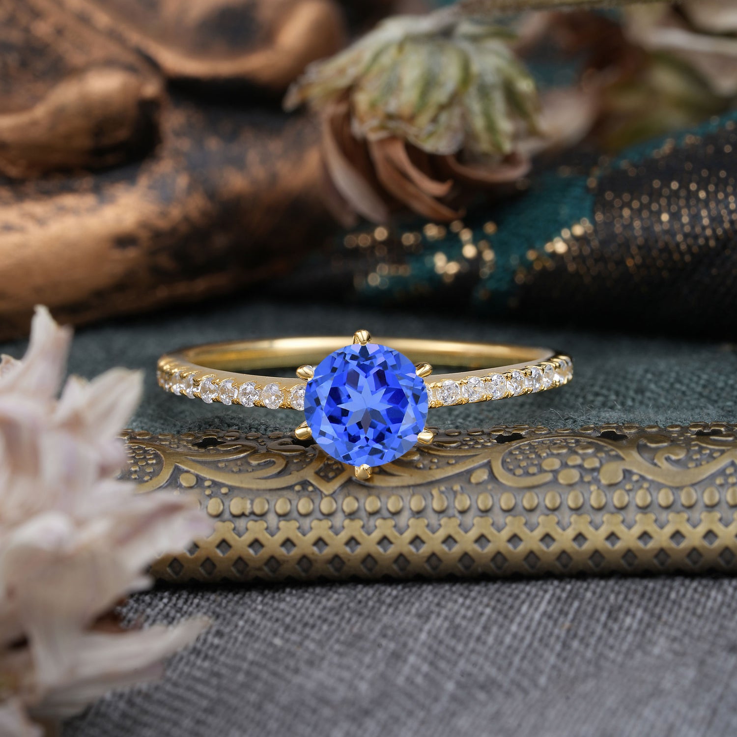 1 Carat Round Cut 6-Prong Sapphire Engagement Ring Pave Milgrain Engagement Ring