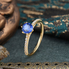 1 Carat Round Cut 6-Prong Sapphire Wedding Ring Pave Milgrain Engagement Ring