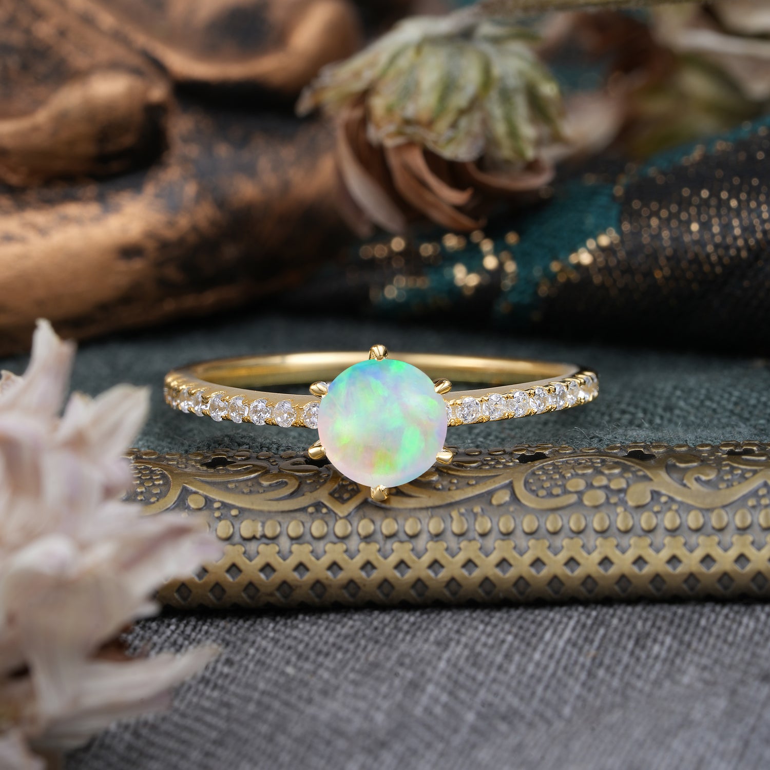 1 Carat Round Cut 6-Prong Opal Engagement Ring Pave Milgrain Engagement Ring