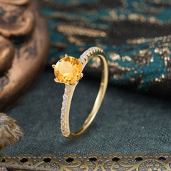 1 Carat Round Cut Citrine Wedding Ring Pave Milgrain Engagement Ring