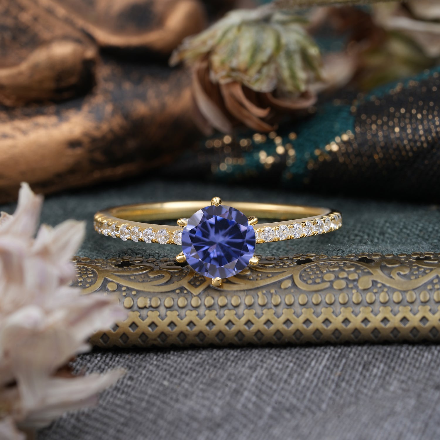 1 Carat Round Cut 6-Prong Tanzanite Engagement Ring Pave Milgrain Engagement Ring