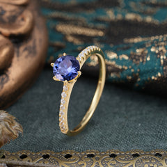 1 Carat Round Cut 6-Prong Tanzanite Wedding Ring Pave Milgrain Engagement Ring